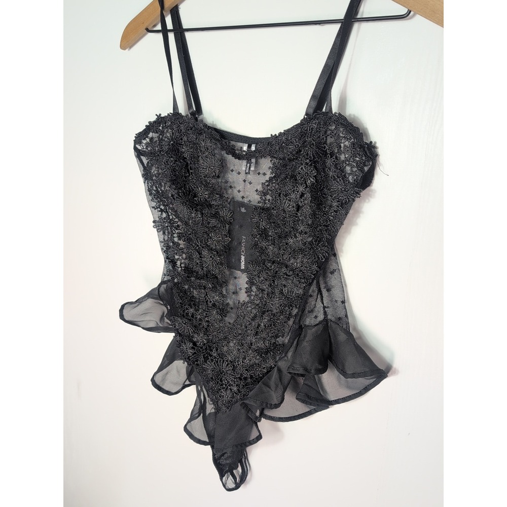NEW Fashion Nova Bedroom Dreams Mesh Embroidered Sleep Teddy Black Size M - Picture 8 of 9